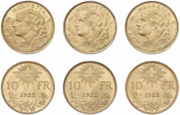 SVIZZERA. TRE MONETE DA 10 FRANCHI ORO  - Asta AUREA - Associazione Nazionale - Case d'Asta italiane