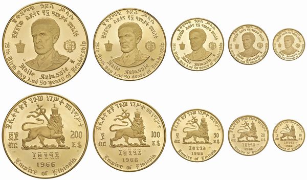 ETIOPIA. HAILE SELASSIE (1930-1974). CINQUE MONETE (200, 100, 50, 20, 10 DOLLARI) 1966  - Asta AUREA - Associazione Nazionale - Case d'Asta italiane