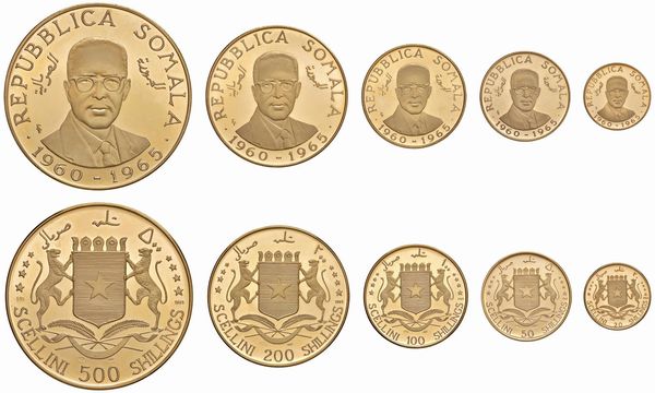 SOMALIA. REPUBBLICA. V ANNIVERSARIO DELL’INDIPENDENZA (1960-1965). SERIE COMPLETA DI CINQUE VALORI ORO 900 (500, 200, 100, 50, 20 SCELLINI) 1965. MINTAGE 8.000  - Asta AUREA - Associazione Nazionale - Case d'Asta italiane