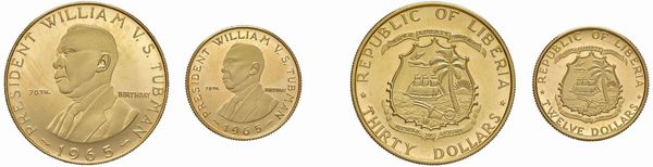 LIBERIA. REPUBBLICA (DAL 1847). DUE MONETE IN ORO 900 (30 E 12 DOLLARI 1965) PER IL 70° COMPLEANNO DEL PRESIDENTE TUBMAN  - Asta AUREA - Associazione Nazionale - Case d'Asta italiane