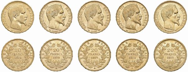 FRANCIA. NAPOLEONE III (1852-1870). CINQUE MONETE DA 20 FRANCHI  - Asta AUREA - Associazione Nazionale - Case d'Asta italiane