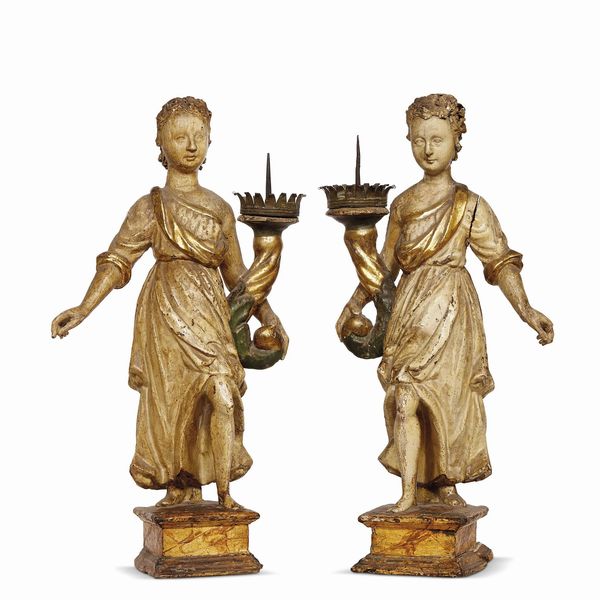 COPPIA DI FIGURE REGGICERO, TOSCANA, SECOLO XVII  - Asta MOBILI, MAIOLICHE E OGGETTI D'ARTE - Associazione Nazionale - Case d'Asta italiane