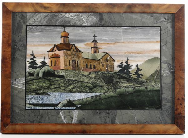 Paesaggio con chiesa intarsiato in pietre dure. XX secolo  - Asta Antiquariato - Associazione Nazionale - Case d'Asta italiane