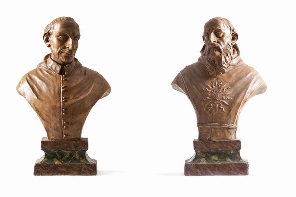 Plasticatore barocco bolognese, XVII-XVIII secolo Coppia di busti raffiguranti San Carlo Borromeo e San Francesco da Paola  - Asta Scultura e Oggetti d'Arte - Associazione Nazionale - Case d'Asta italiane