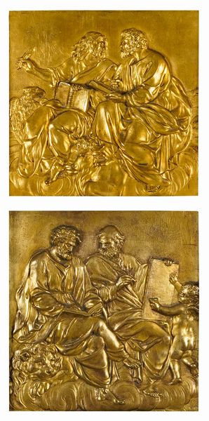 Cosimo Fancelli : Arte barocca romana, seconda met del XVII secolo Coppia di rilievi raffiguranti i quattro Evangelisti  - Asta Scultura e Oggetti d'Arte - Associazione Nazionale - Case d'Asta italiane