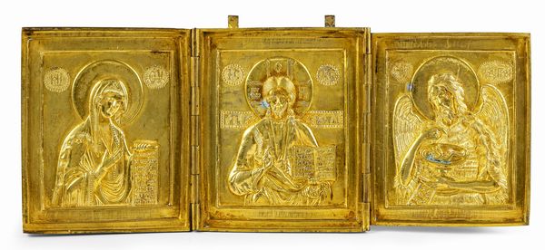 Trittico da viaggio con Cristo Pantocratore, San Giovanni Battista e la Deipara. Russia, XVIII secolo  - Asta Argenti da Collezione | XX secolo - Associazione Nazionale - Case d'Asta italiane