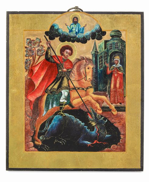 Icona tempera su tavola raffigurante San Giorgio e il drago. Russia XIX-XX secolo  - Asta Argenti da Collezione | XX secolo - Associazione Nazionale - Case d'Asta italiane