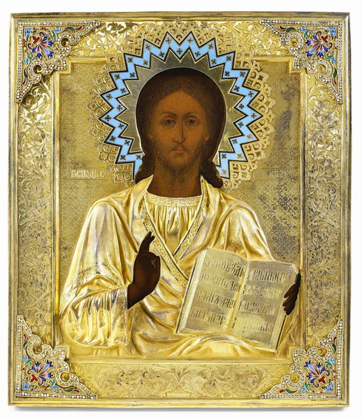 Cristo Pantocratore, Russia fine del XIX secolo, punzone Mosca 1879, saggiatore AK. Orafo Ivanov Adrian Terentevic  - Asta Argenti da Collezione | XX secolo - Associazione Nazionale - Case d'Asta italiane