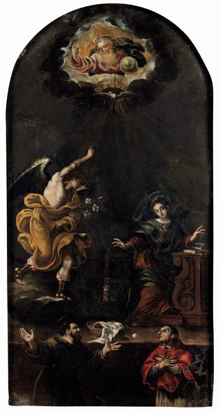 Scuola veronese del XVII secolo Annunciazione con i santi Francesco e Carlo Borromeo  - Asta Dipinti Antichi - Associazione Nazionale - Case d'Asta italiane