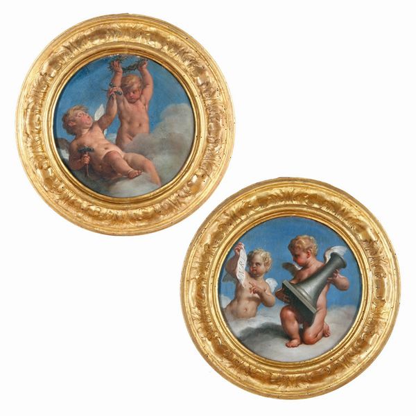 Scuola veneta del XVIII secolo Putti con i simboli della Passione  - Asta Dipinti Antichi - Associazione Nazionale - Case d'Asta italiane