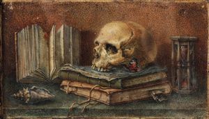 Jean François de La Motte - Vanitas con libri, clessidra, farfalla e conchiglia