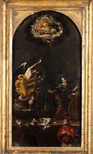 Scuola veronese del XVII secolo Annunciazione con i santi Francesco e Carlo Borromeo  - Asta Dipinti Antichi - Associazione Nazionale - Case d'Asta italiane