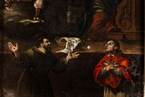 Scuola veronese del XVII secolo Annunciazione con i santi Francesco e Carlo Borromeo  - Asta Dipinti Antichi - Associazione Nazionale - Case d'Asta italiane