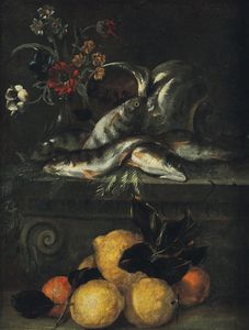 Giuseppe Recco - Natura in posa con pesci, fiori e agrumi