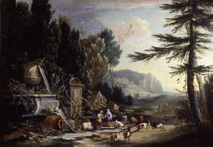 Philips Augustyn Immenraet - Paesaggio con pastori tra ruderi anticheggianti