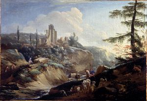 Philips Augustyn Immenraet - Paesaggio con pastori e rovine architettoniche sullo sfondo