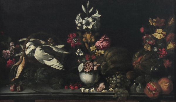 Maestro di Palazzo San Gervasio (attivo nelle prima metà del XVII secolo) : Natura morta con fiori, melograni, frutti e colomba  - Asta Old Masters - Associazione Nazionale - Case d'Asta italiane