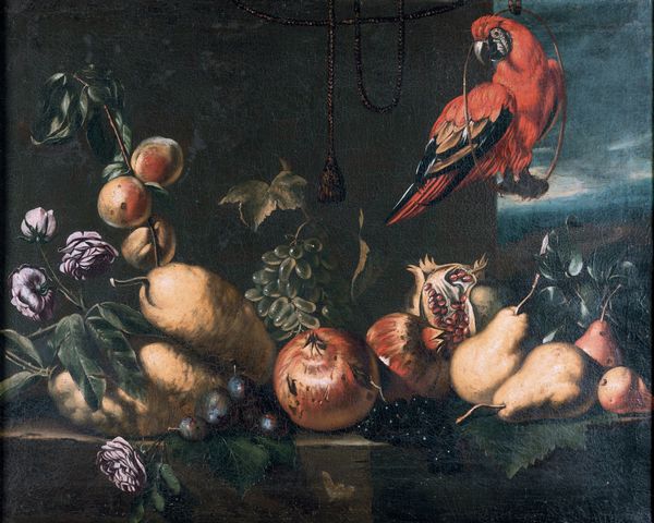 Reynaud Levieux : Frutta, fiori e pappagallo su ripiano in pietra  - Asta Old Masters - Associazione Nazionale - Case d'Asta italiane