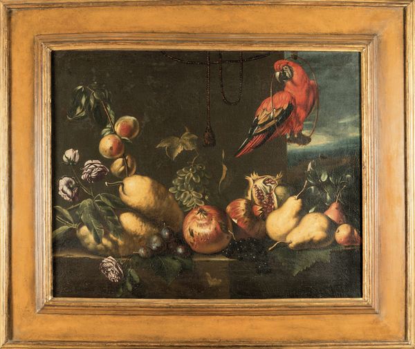 Reynaud Levieux : Frutta, fiori e pappagallo su ripiano in pietra  - Asta Old Masters - Associazione Nazionale - Case d'Asta italiane