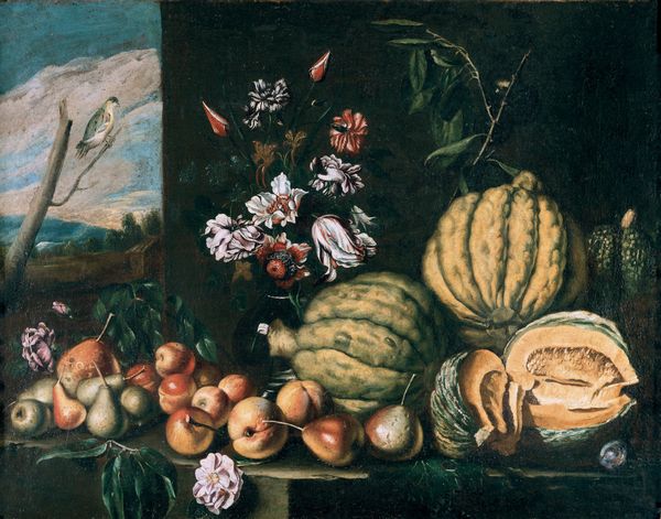 Reynaud Levieux : Frutta, zucche e fiori su ripiano in pietra  - Asta Old Masters - Associazione Nazionale - Case d'Asta italiane