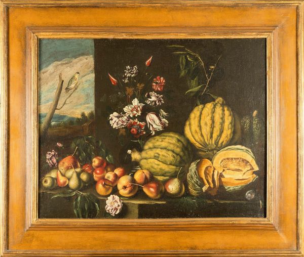 Reynaud Levieux : Frutta, zucche e fiori su ripiano in pietra  - Asta Old Masters - Associazione Nazionale - Case d'Asta italiane