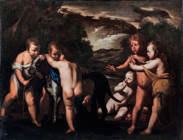 Massimo Stanzione (Orta di Atella 1585  Napoli 1656) e  Giovan Battista Recco (Napoli 1615 ca. - 1660 ca.) Paesaggio con sei bambini che giocano con un alano e un cardellino  - Asta Old Masters - Associazione Nazionale - Case d'Asta italiane