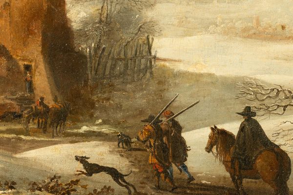 Sinibaldo Scorza : Paesaggio innevato con cacciatori  - Asta Old Masters - Associazione Nazionale - Case d'Asta italiane