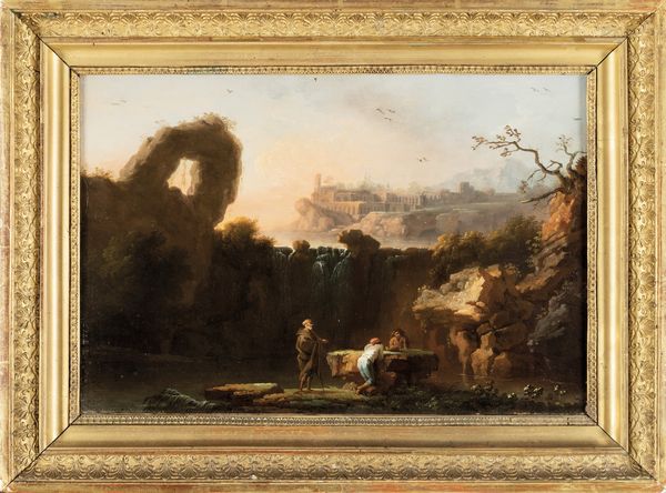 Jean Baptiste Pillement : Paesaggio con cascata e personaggi in riva al fiume  - Asta Old Masters - Associazione Nazionale - Case d'Asta italiane