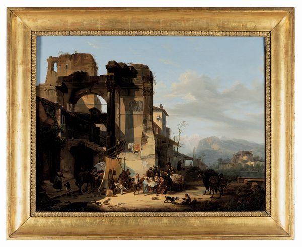 GIOVANNI MIGLIARA : Paesaggio con rovine e figure di popolani  - Asta Old Masters - Associazione Nazionale - Case d'Asta italiane