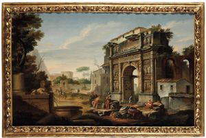 Giovanni Paolo Panini - Capriccio con rovine romane e figure di contadini