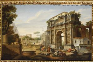 Giovanni Paolo Panini : Capriccio con rovine romane e figure di contadini  - Asta Old Masters - Associazione Nazionale - Case d'Asta italiane