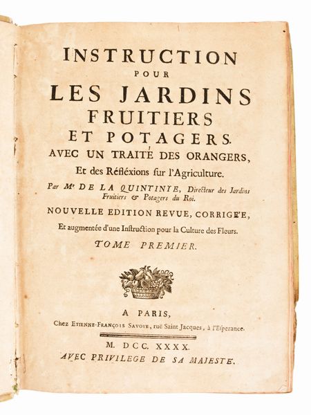 [Orticoltura] de La Quintinie, Jean B. : Instruction pour les jardins fruitiers et potagers, avec un traité des orangers, et des réflexions sur l'agriculture. A Paris, Chez Etienne-Francois Savoye, 1740. 2 volumi  - Asta Libri Rari & Manoscritti del XVI Secolo - Associazione Nazionale - Case d'Asta italiane