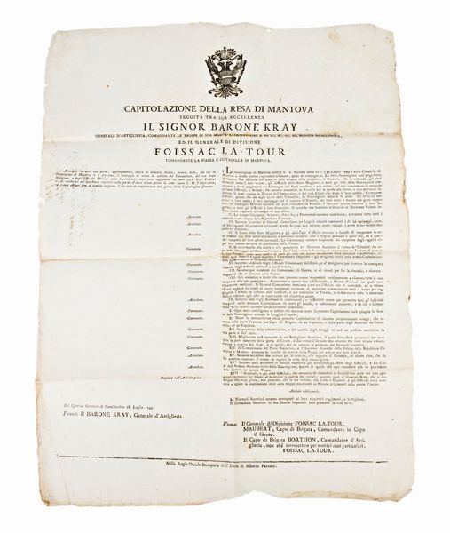 [Editto] Capitolazione della Resa di Mantova, Castellucchio Luglio 1799. Incluso con : Avvertimenti sulla maniera di ben trattare e governare il bestiame.. Mantova, 1795  - Asta Libri Rari & Manoscritti del XVI Secolo - Associazione Nazionale - Case d'Asta italiane