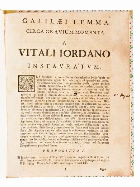 [Matematica] Giordano, Vitale : Galilaei lemma circa gravium momenta a Vitali Jordano instauratum, in Roma 1711  - Asta Libri Rari & Manoscritti del XVI Secolo - Associazione Nazionale - Case d'Asta italiane