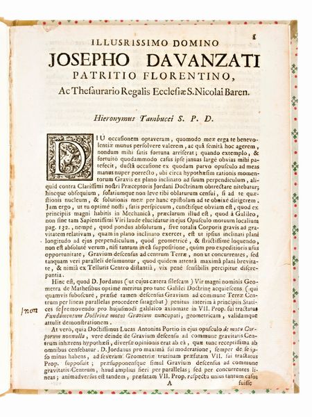 [Fisica] Tambucci, Girolamo. Illusrissimo [!] domino Josepho Davanzati patritio Florentino… [Roma, 1711].  - Asta Libri Rari & Manoscritti del XVI Secolo - Associazione Nazionale - Case d'Asta italiane