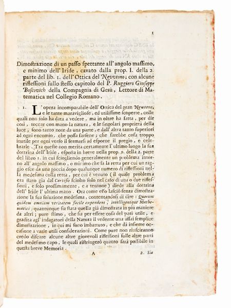 Boscovich, Ruggero G. : Riflessioni sull'Iride & dell'Ottica di Newton. Giornale de letterati estratto Roma 1747  - Asta Libri Rari & Manoscritti del XVI Secolo - Associazione Nazionale - Case d'Asta italiane