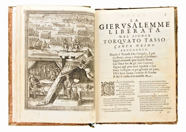 Tasso, Torquato : La Gerusalemme liberata... adornata con bellissime figure a ciascun canto. In Venetia, si uende all'insegna della Sapienza, 1673  - Asta Libri Rari & Manoscritti del XVI Secolo - Associazione Nazionale - Case d'Asta italiane