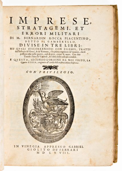 [Storia/Militaria] Rocca, Bernardino: Imprese, stratagemi, et errori militari. In Vinegia, Gabriel Giolito de' Ferrari, 1568  - Asta Libri Rari & Manoscritti del XVI Secolo - Associazione Nazionale - Case d'Asta italiane