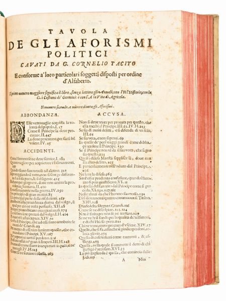 [Storia] Alamos de Barrientos, Baltasar : Opere di G. Cornelio Tacito. Annali, Historie, Costumi de' Germani, e vita Agricola... In Venetia : appresso i Giunti, 1628.  - Asta Libri Rari & Manoscritti del XVI Secolo - Associazione Nazionale - Case d'Asta italiane