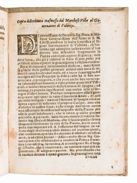 Socini, Antonio : L'assedio di Valenza del Po dell'anno 1656, descritto e già stampato senza data dal dottore Pier Antonio Socini sacerdote secolare. Ristampato in Torino per Bartolomeo Zauatta, 1657  - Asta Libri Rari & Manoscritti del XVI Secolo - Associazione Nazionale - Case d'Asta italiane