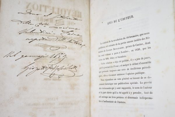 Bonaparte, Lucien: RÉVOLUTION DE BRUMAIRE. RELATION DES PRINCIPAUX EVENEMENTS DES JOURNEES DES 18 ET 19 BRUMAIRE. DEUXIEME EDITION. Paris, 1846, Charpentier.  - Asta Libri Rari & Manoscritti del XVI Secolo - Associazione Nazionale - Case d'Asta italiane