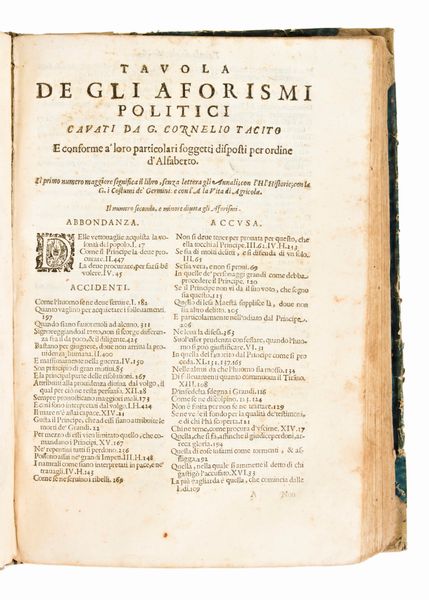 [Storia] Alamos de Barrientos, Baltasar : Opere di G. Cornelio Tacito. Annali, Historie, Costumi de' Germani, e vita Agricola... In Venetia : appresso i Giunti, 1628.  - Asta Libri Rari & Manoscritti del XVI Secolo - Associazione Nazionale - Case d'Asta italiane