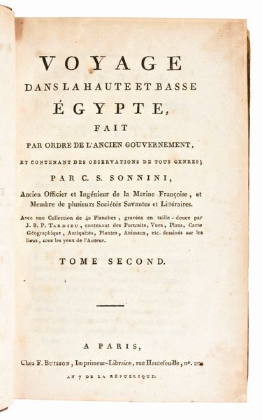 [Viaggi/Egitto] C.S. Sonnini: Voyage dans la Haute et Basse Egypte, ... A Paris, chez F. Buisson 1799 - 3 voll & Atlas  - Asta Libri Rari & Manoscritti del XVI Secolo - Associazione Nazionale - Case d'Asta italiane