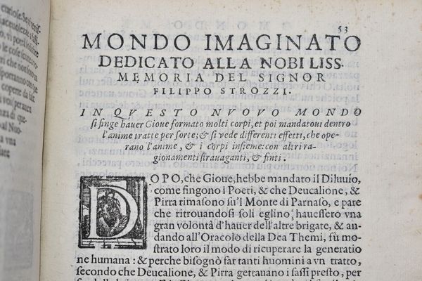 Doni, Anton Francesco MONDI CELESTI TERRESTRI ET INFERNALI. DE GLI ACCADEMICI PELLEGRINI. ESPURGATI CON PERMISSIONE DE' SUPERIORI, ET DA QUEL CHE IN LOR OFFENDER POTEVA IL LETTORE. Venezia, 1606, Gio. Battista Bertoni.  - Asta Libri Rari & Manoscritti del XVI Secolo - Associazione Nazionale - Case d'Asta italiane