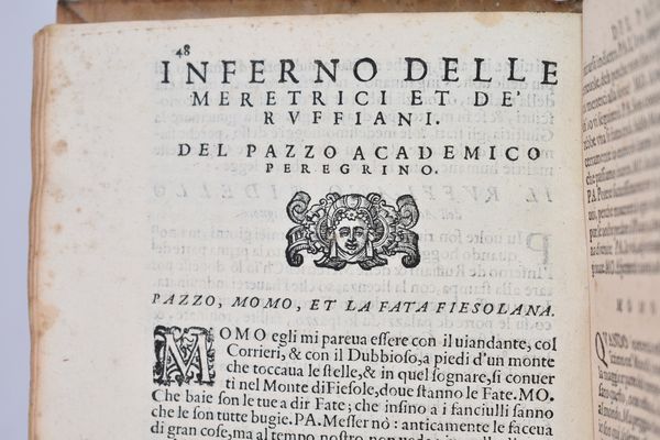 Doni, Anton Francesco MONDI CELESTI TERRESTRI ET INFERNALI. DE GLI ACCADEMICI PELLEGRINI. ESPURGATI CON PERMISSIONE DE' SUPERIORI, ET DA QUEL CHE IN LOR OFFENDER POTEVA IL LETTORE. Venezia, 1606, Gio. Battista Bertoni.  - Asta Libri Rari & Manoscritti del XVI Secolo - Associazione Nazionale - Case d'Asta italiane