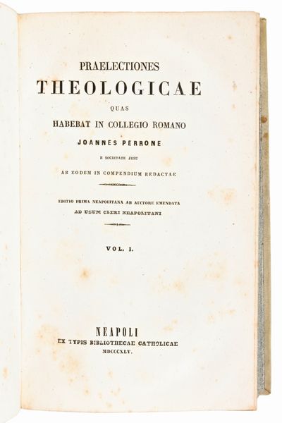 [Legatura alle armi] Perrone, Joannes : Praelectiones Theologicae quas habebat in Collegio Romano Joannes Perrone e Societate Jesu ab eodem in compendium redactae. Neapoli, 1845. Completo, 4 parti in 2 volumi.  - Asta Libri Rari & Manoscritti del XVI Secolo - Associazione Nazionale - Case d'Asta italiane