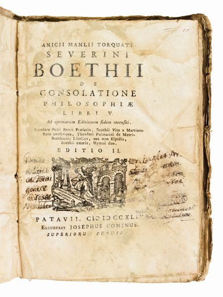 [Filosofia] Boezio, Severino : De consolatione philosophiae Libri V. Patavii : excudebat Josephus Cominus, 1744  - Asta Libri Rari & Manoscritti del XVI Secolo - Associazione Nazionale - Case d'Asta italiane