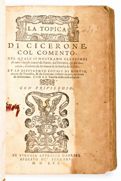 [Classici Greci/Latini] La Topica di Cicerone, col comento. Nel quale si mostrano gli esempi di tutti i luoghi cauati da Dante, dal Petrarca, & dal Boccaccio... Gabriel Giolito de' Ferrari, Venezia 1556  - Asta Libri Rari & Manoscritti del XVI Secolo - Associazione Nazionale - Case d'Asta italiane