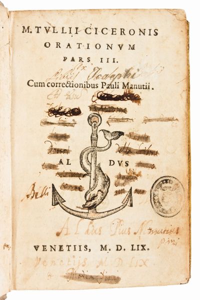 [Classici latini] Cicerone : M. Tullii Ciceronis Orationum pars II-III. Cum correctionibus Paulli Manutii. Venetiis : apud Andream Muschium, 1586-1559. 2 volumi  - Asta Libri Rari & Manoscritti del XVI Secolo - Associazione Nazionale - Case d'Asta italiane