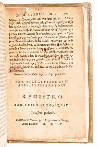 [Roma] de Guevara, Antonio : Vita gesti costumi, discorsi, et lettere di Marco Aurelio imperatore. Venezia, Alessandro de Viano, 1555  - Asta Libri Rari & Manoscritti del XVI Secolo - Associazione Nazionale - Case d'Asta italiane